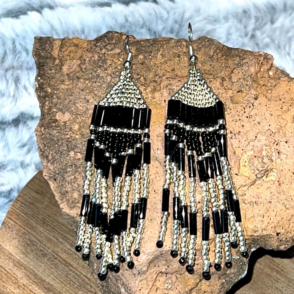 Handmade beautiful boho chic silver and black long earrings.